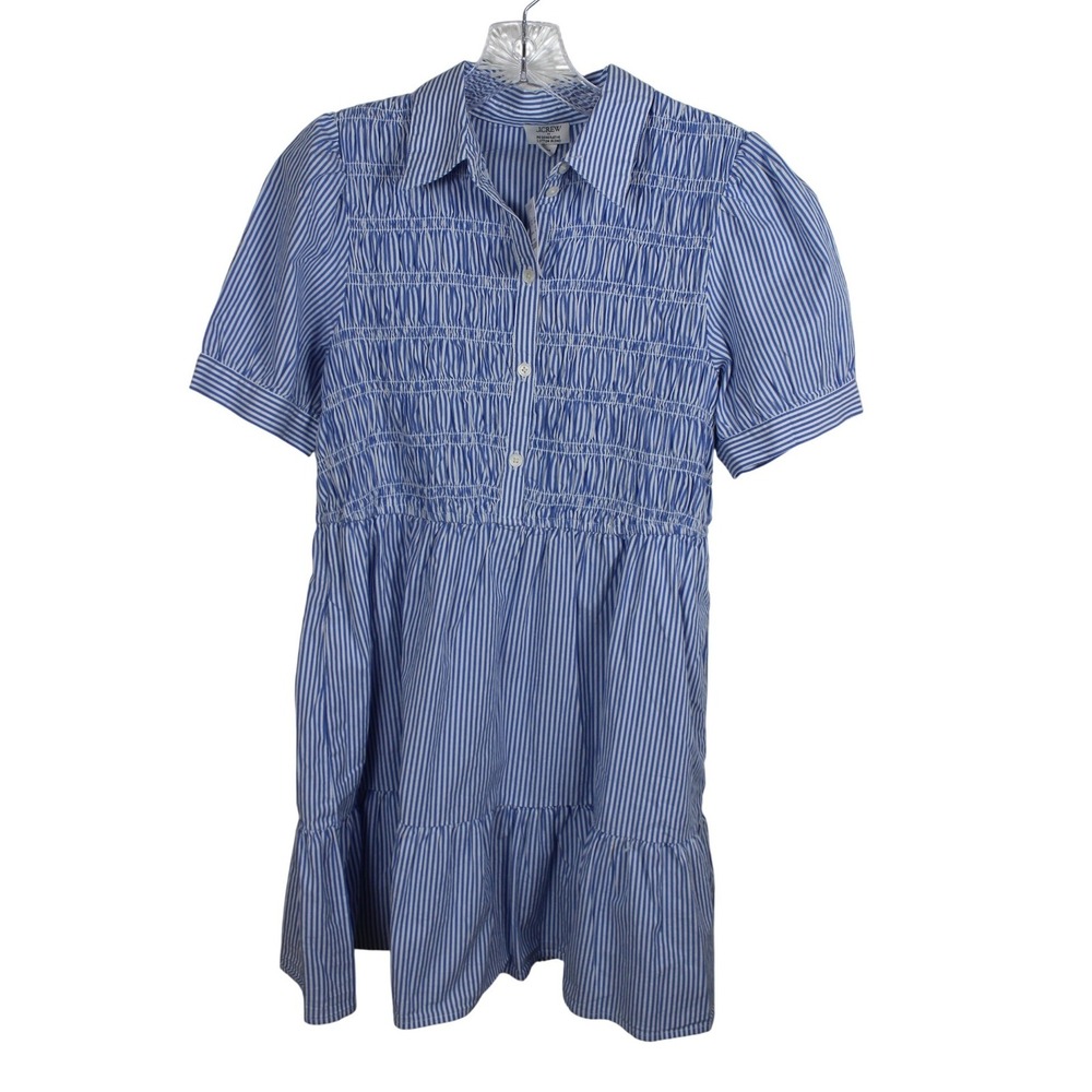 J.Crew Blue White Striped Smocked Mini Dress CD294 Regenerative Cotton Petite M